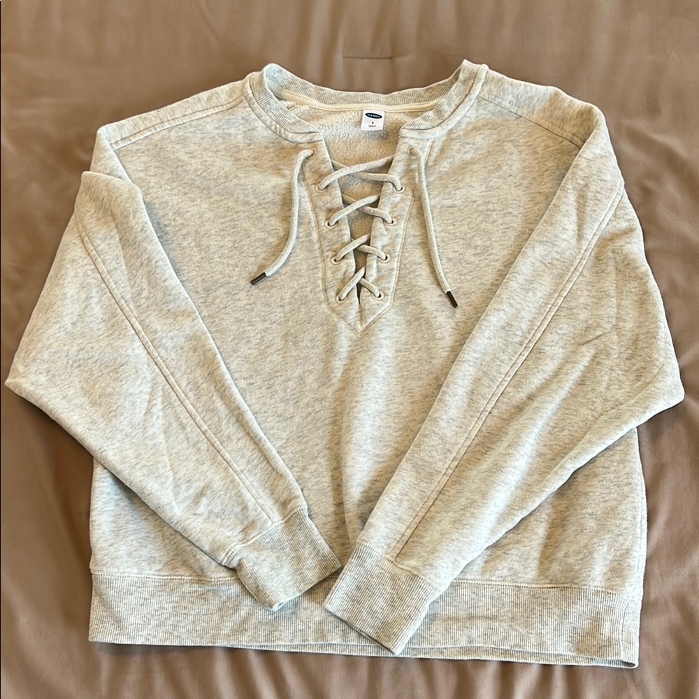 Old Navy Gray Crew Neck Sweater with Trendy Lace-Up Design